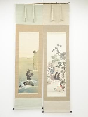 荒川静渕筆　日蓮上人図双幅　肉筆絹本掛軸（保護箱）